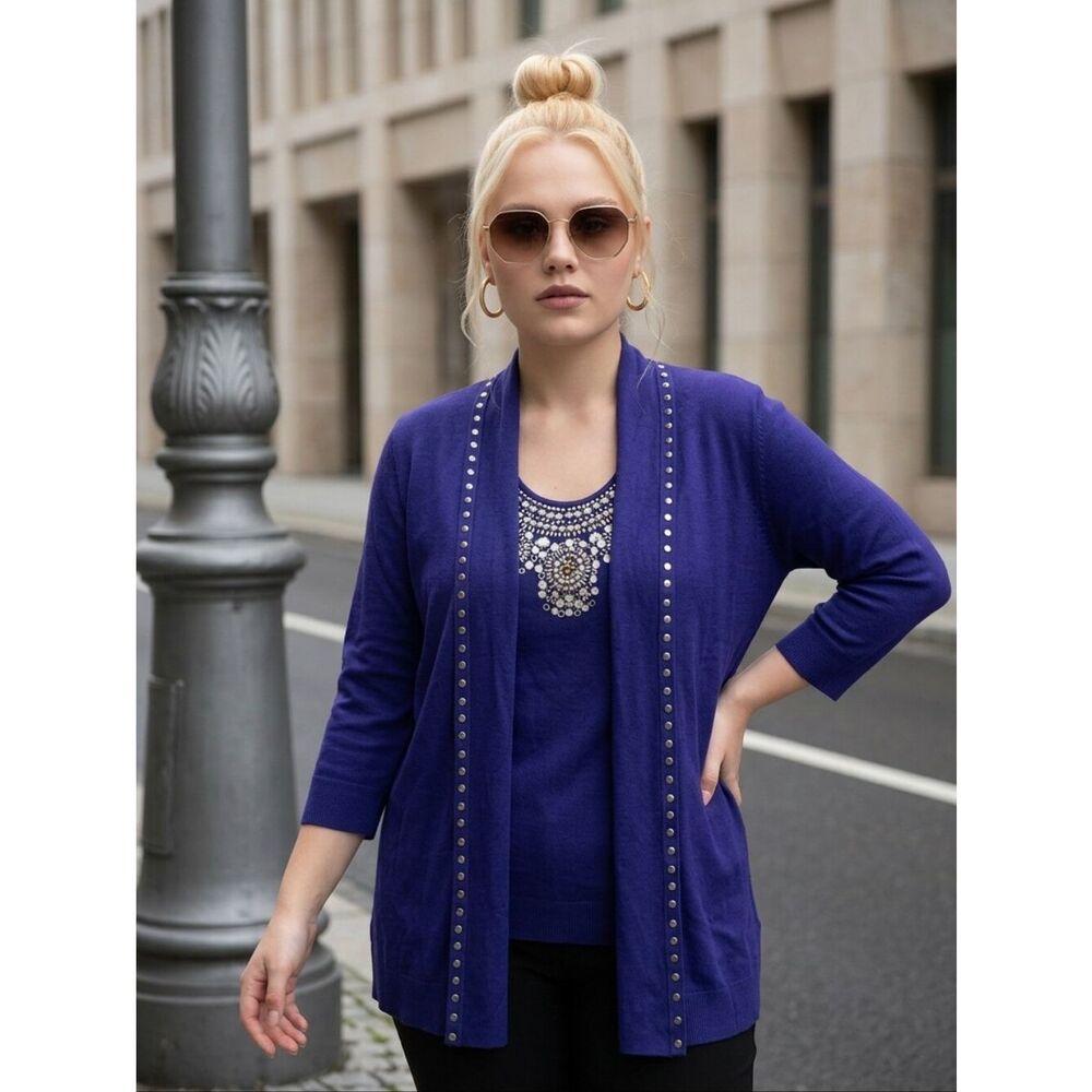 Vintage Ruby Rd Blue Ribbed Embellished Cardigan & Tank 2PC Set 2X Dressy Glam